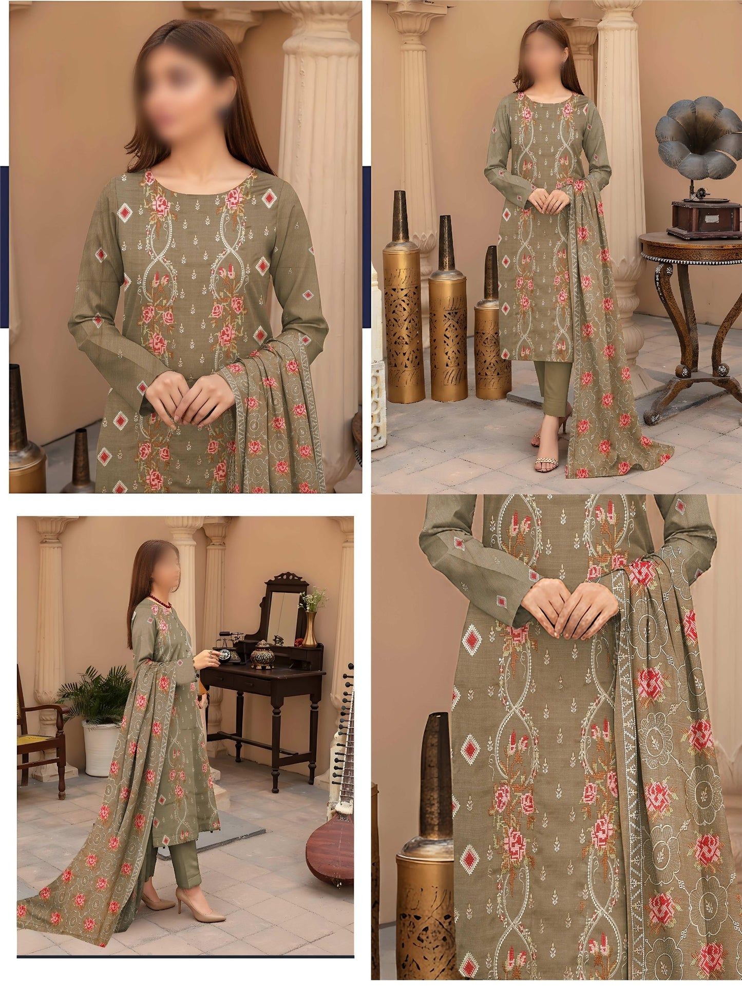 Silver Peach Suits With Heavy Breeze Embroidered Shawals #7