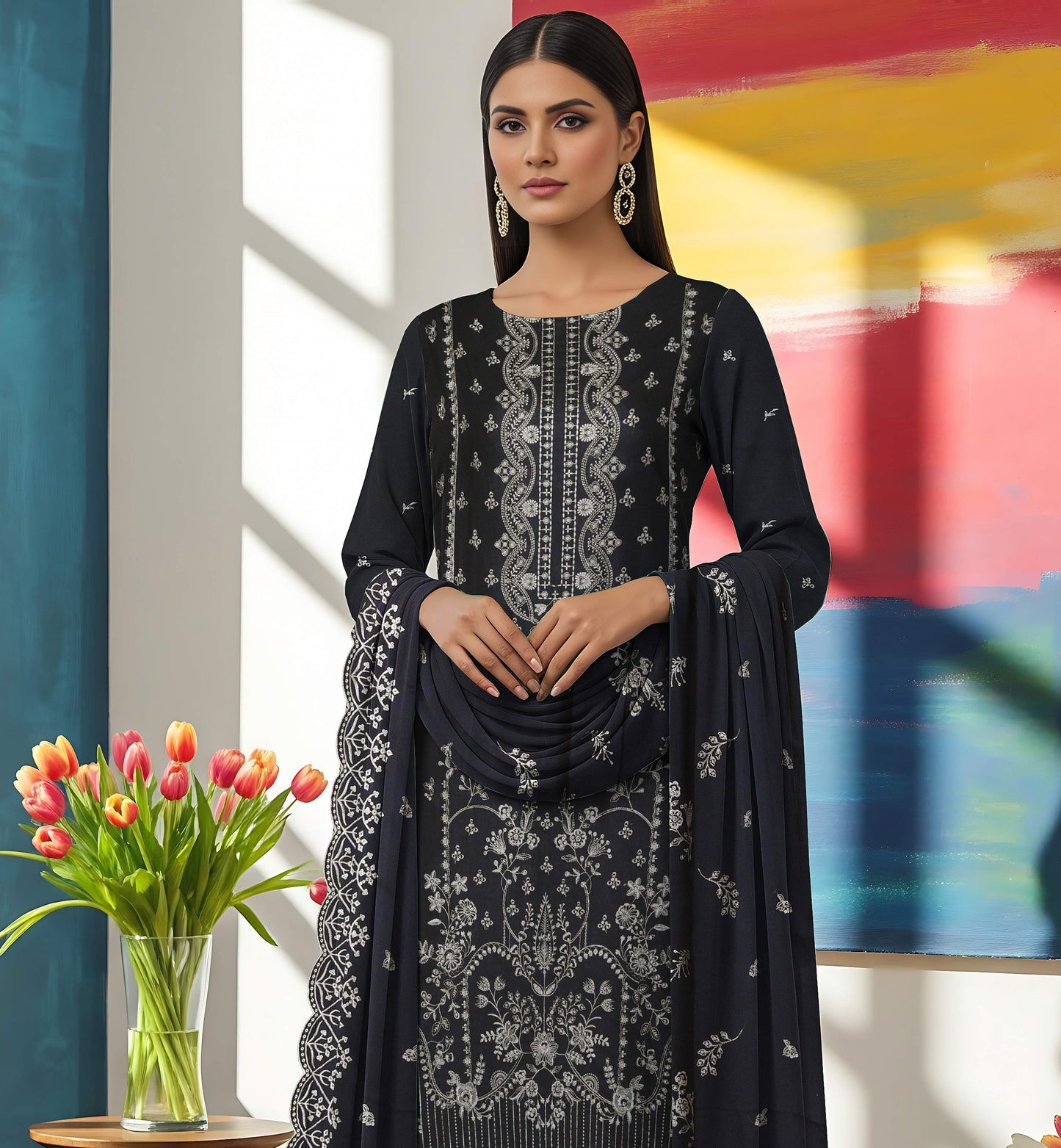 Noir Embroidered 3 Piece Karandi 08