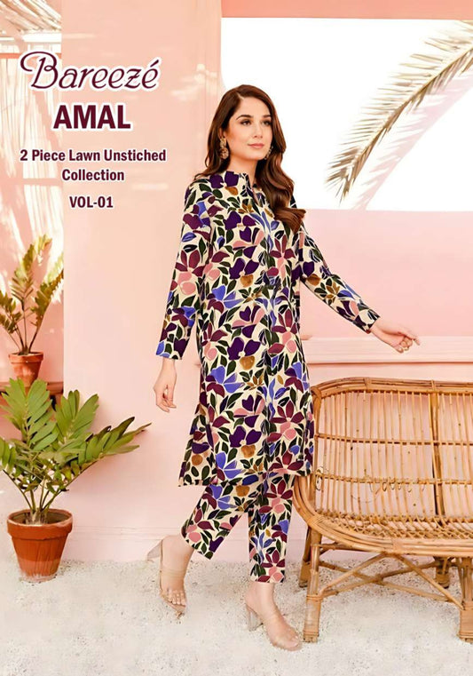 Breeze Premium High Quality Lawn 2 Piece Shirt & Trouser D#107 - Waheed Javaid Collections