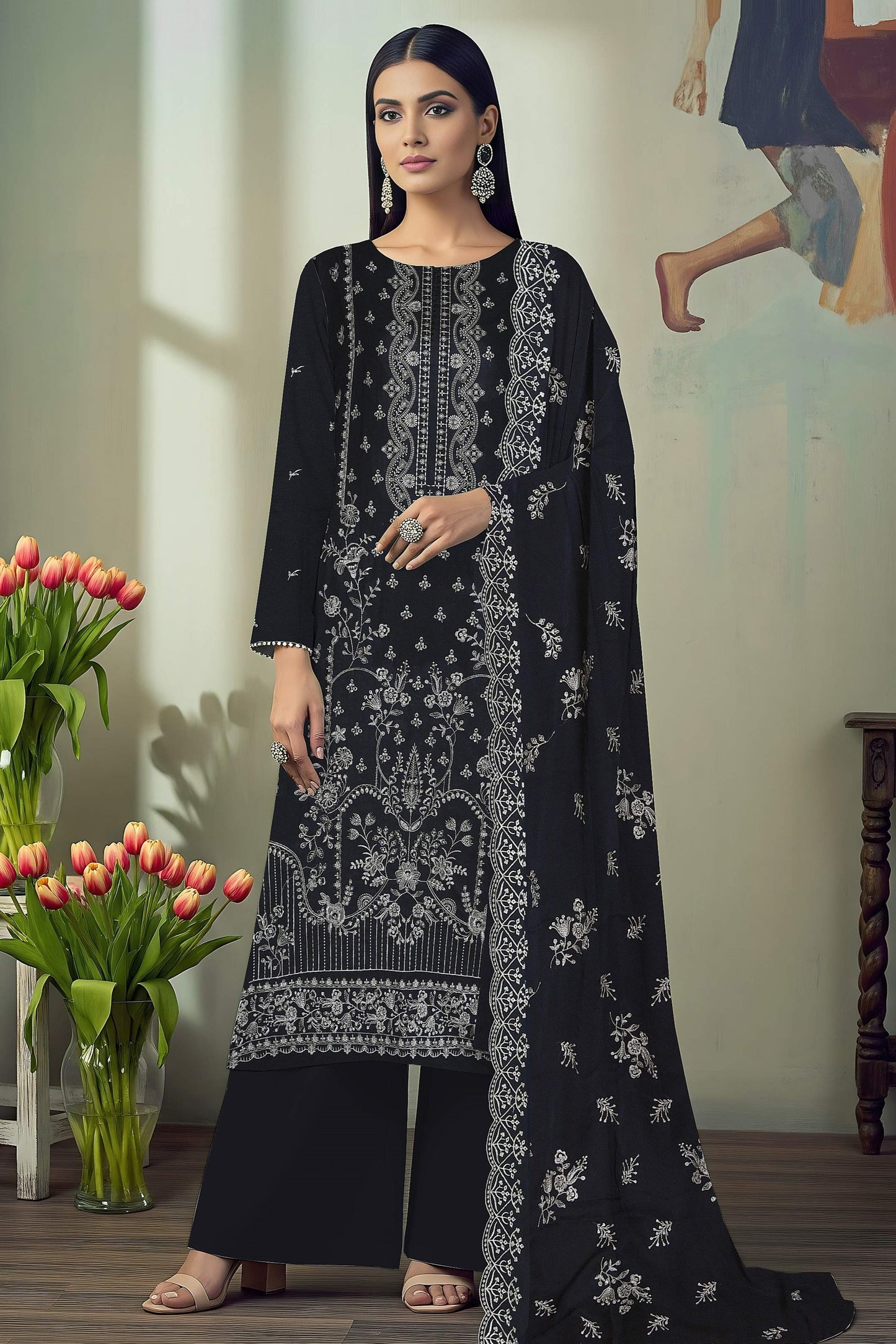 Noir Embroidered 3 Piece Karandi 08